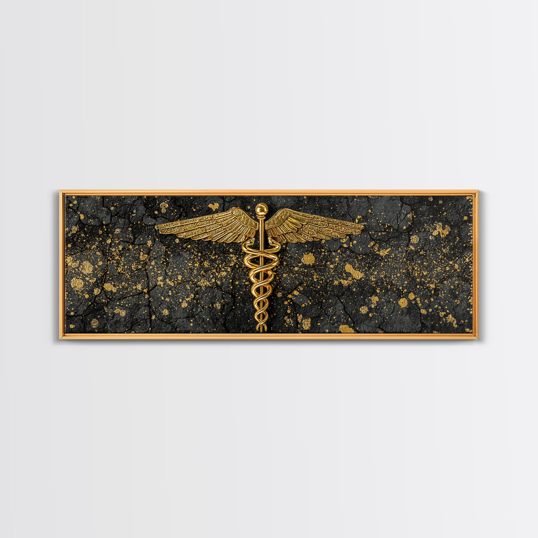 Caduceus Symbol Artwork, Ancient Mythological Medicine Emblem Decorative Wall Art, Gold Canvas Print, Real Wood Frame