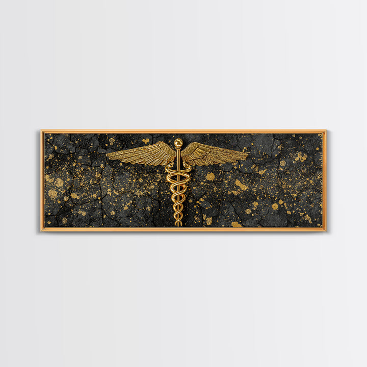 Caduceus Symbol Artwork, Ancient Mythological Medicine Emblem Decorative Wall Art, Gold Canvas Print, Real Wood Frame