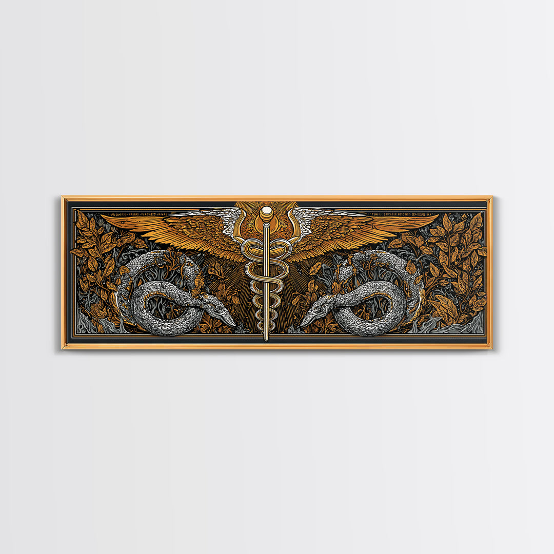 Caduceus With Serpents, Mythological Healing Symbol Decorative Wall Artwork, Gold Canvas Print, Real Wood Frame Decor