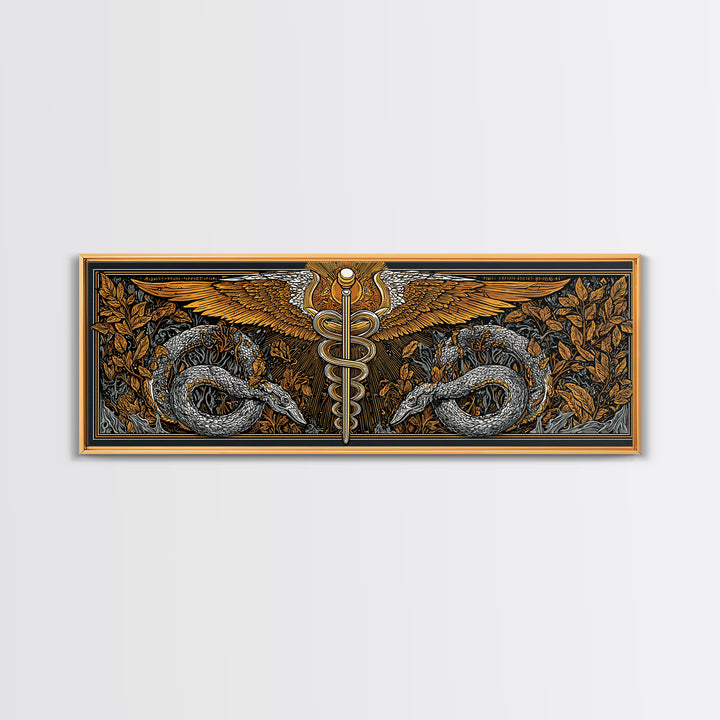 Caduceus With Serpents, Mythological Healing Symbol Decorative Wall Artwork, Gold Canvas Print, Real Wood Frame Decor