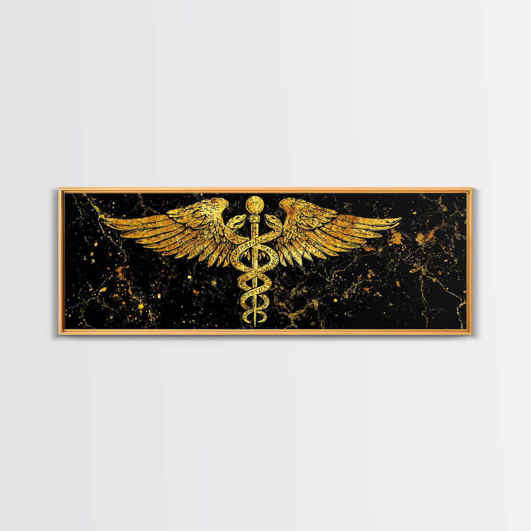 Ancient Caduceus Symbol, Winged Serpent Staff Mythological Artwork, Gold Canvas Print, Real Wood Frame Wall Decor