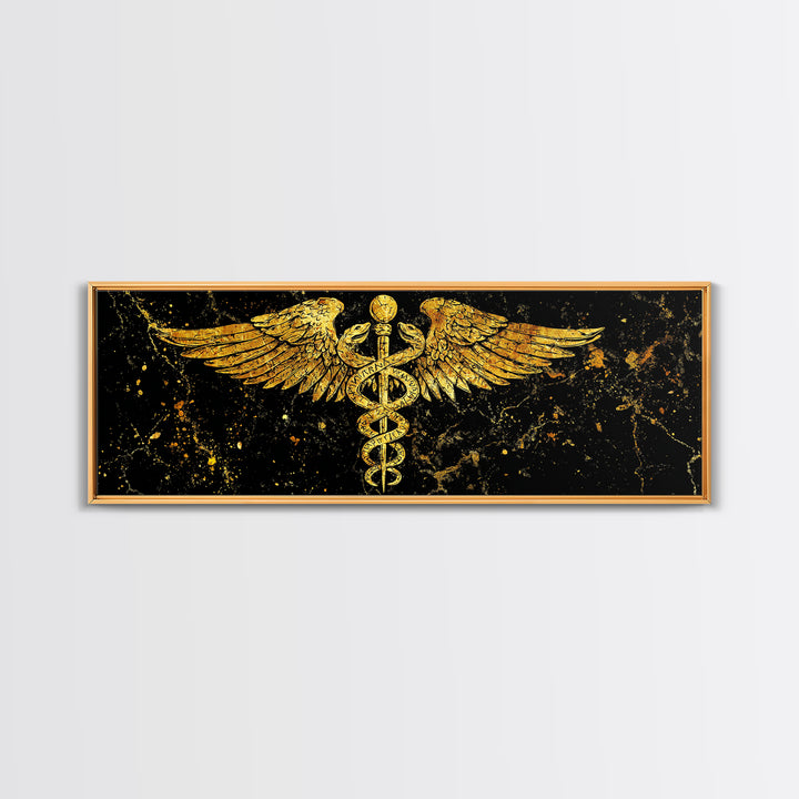 Ancient Caduceus Symbol, Winged Serpent Staff Mythological Artwork, Gold Canvas Print, Real Wood Frame Wall Decor