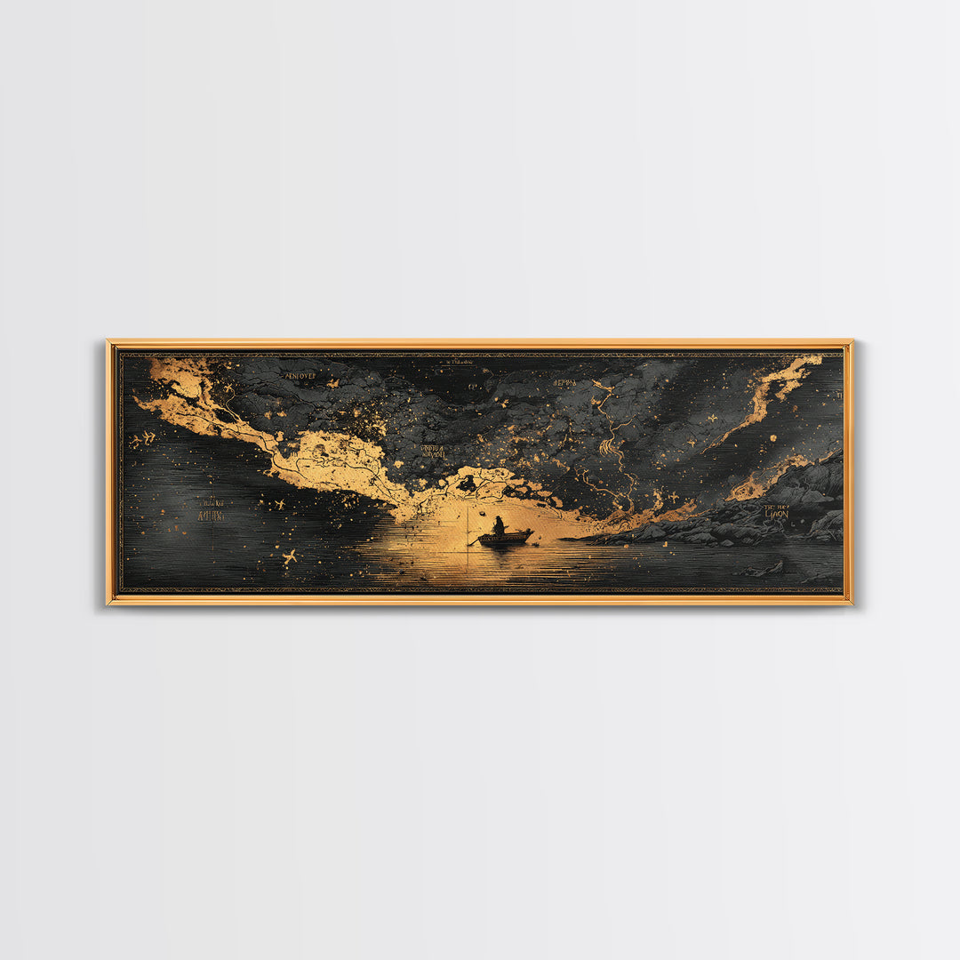 Celestial Map Artwork, Mythological Constellation And Ancient Sky Design, Gold Canvas Print, Real Wood Frame Wall Decor