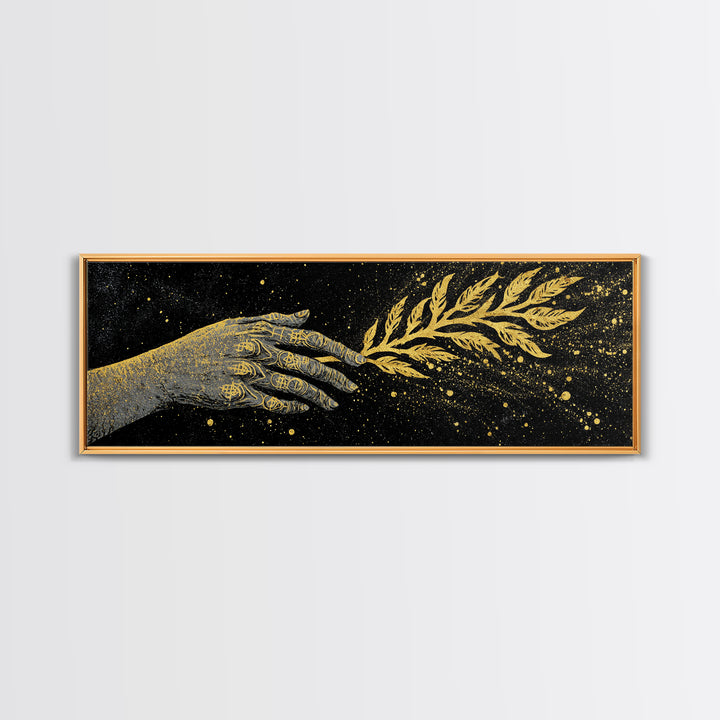 Hand With Olive Branch, Mythological Symbol Of Peace Decorative Wall Artwork, Gold Canvas Print, Real Wood Frame Wall Art