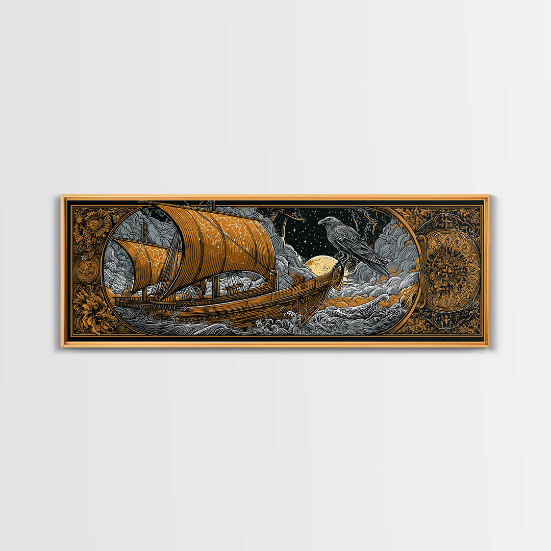 Ancient Sailing Ship, Mythological Vessel With Raven Decorative Wall Artwork, Gold Canvas Print, Real Wood Frame Wall Decor