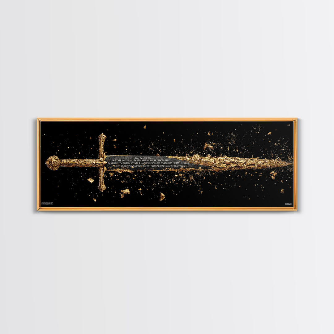Ancient Sword Shattering, Mythological Weapon Symbolic Battle Decorative Artwork, Gold Canvas Print, Real Wood Frame Wall Art