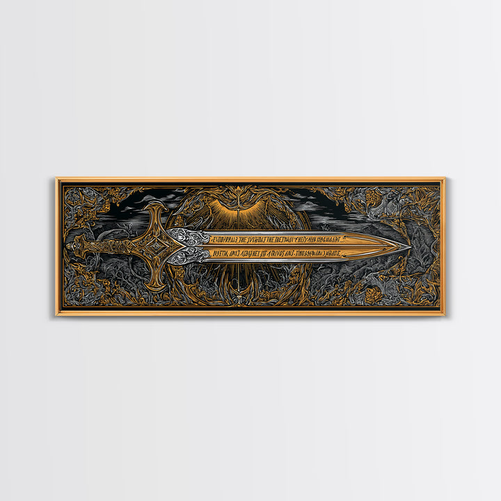 Ornate Mythological Sword, Decorative Ancient Weapon Symbolic Wall Artwork, Gold Canvas Print, Real Wood Frame Wall Decor