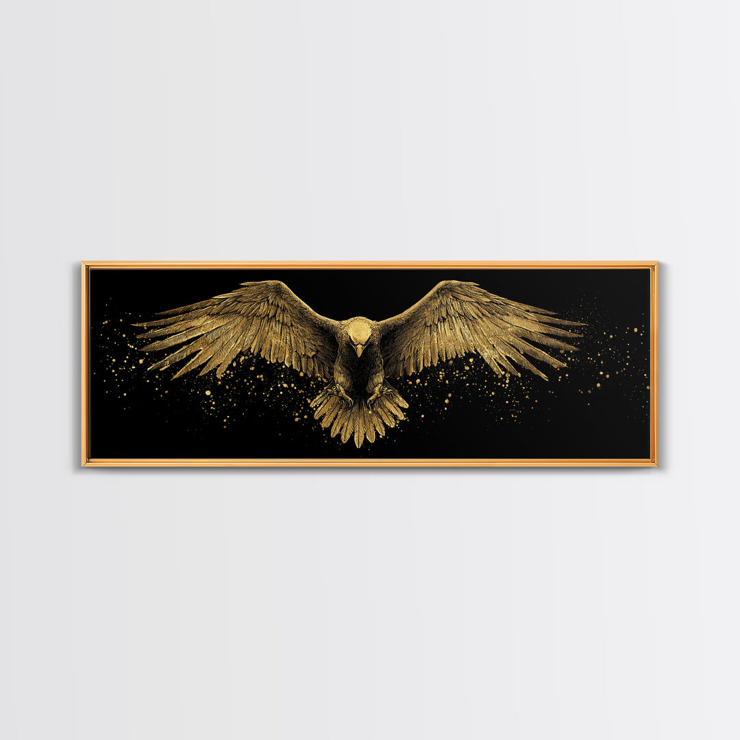 Golden Eagle In Flight, Regal Mythological Bird Wall Decor, Gold Canvas Print, Real Wood Frame Art