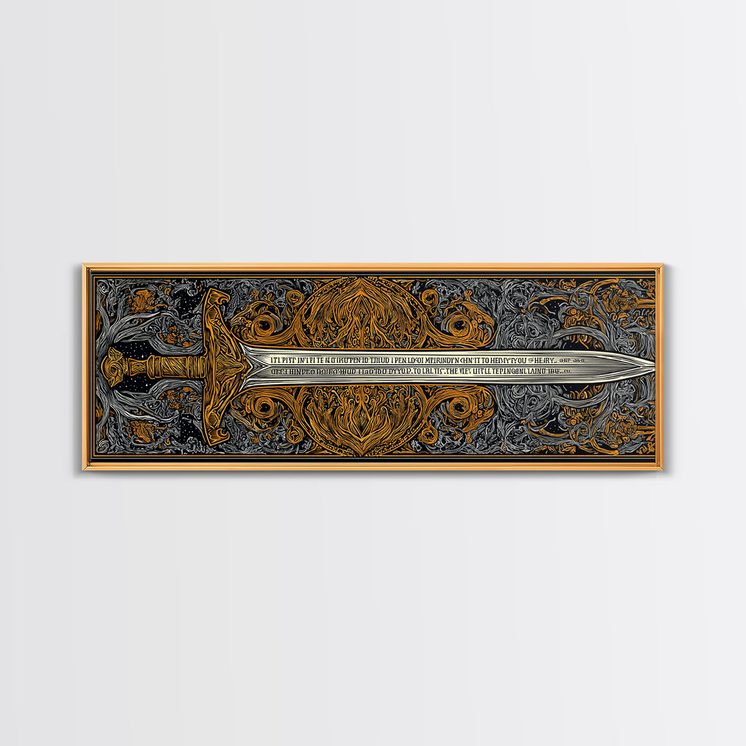 Epic Ancient Sword, Mythological Weapon Of Power Decorative Wall Artwork, Gold Canvas Print, Real Wood Frame Wall Decor