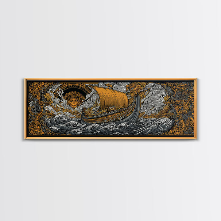 Mythological Sun Face And Ancient Ship, Epic Sea Voyage Decorative Wall Artwork, Gold Canvas Print, Real Wood Frame Decor