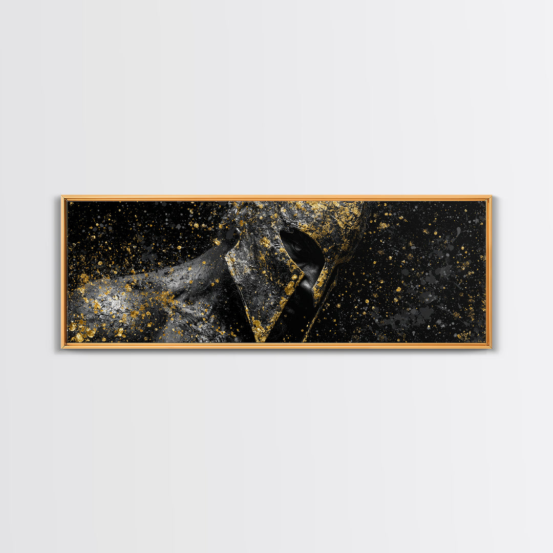 Abstract Spartan Helmet, Mythological Greek Warrior Armor Decorative Wall Artwork, Gold Canvas Print, Real Wood Frame Decor