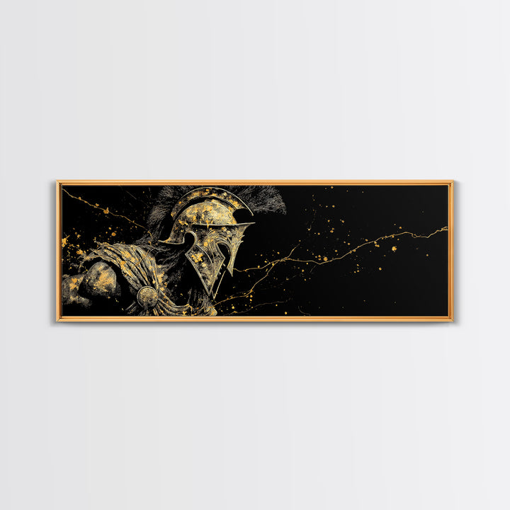 Detailed Spartan Warrior Helmet, Ancient Greek Mythological Armor Decorative Artwork, Gold Canvas Print, Real Wood Frame Art
