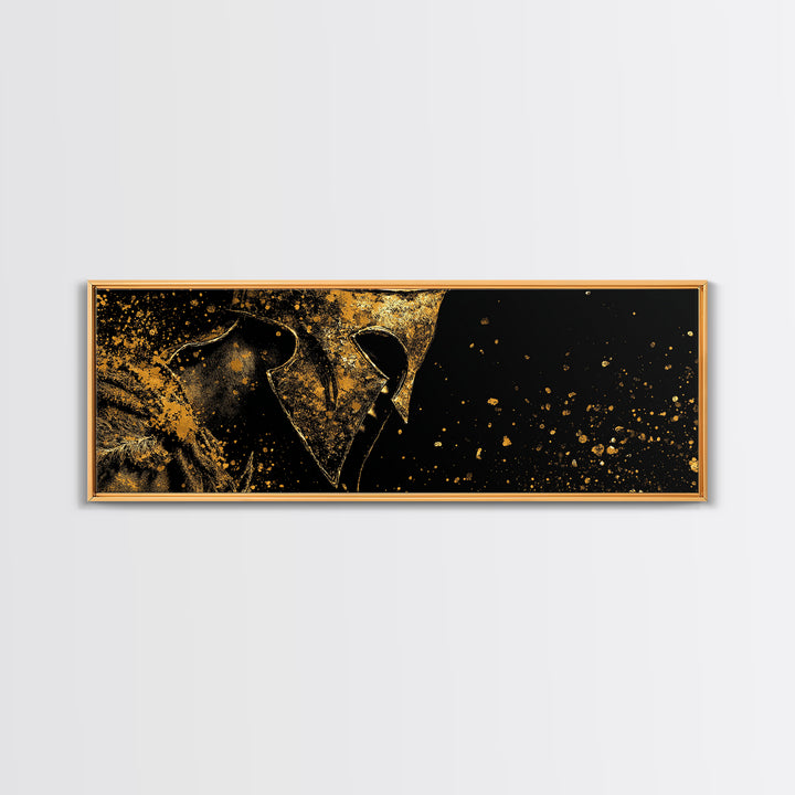 Spartan Warrior Close Up, Mythological Greek Helmet Armor Decorative Wall Artwork, Gold Canvas Print, Real Wood Frame Decor