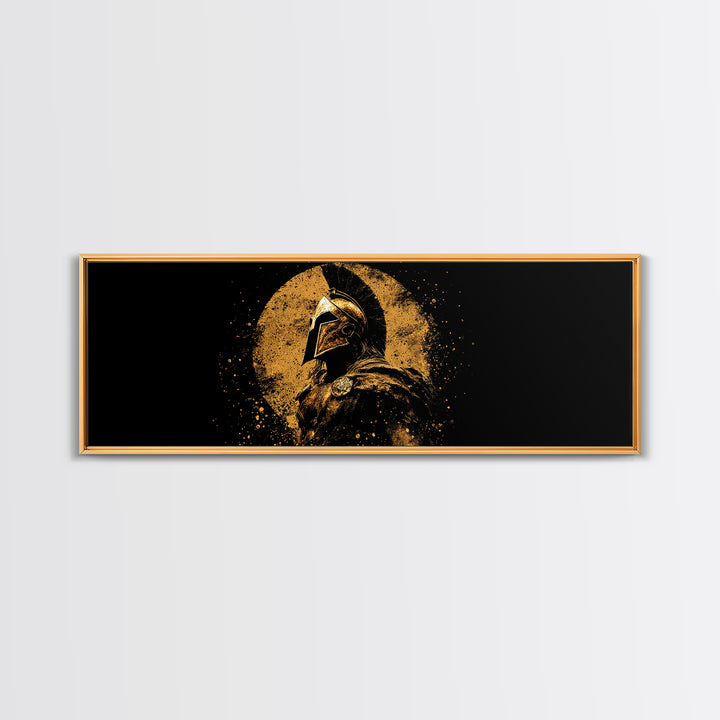 Heroic Spartan Warrior, Ancient Greek Mythological Armor Symbol Decorative Artwork, Gold Canvas Print, Real Wood Frame Wall Art