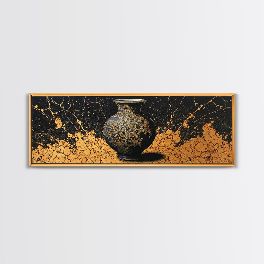 Ancient Golden Vase, Mythical Dragon Engraving Wall Decor, Gold Canvas Print, Real Wood Framed Art