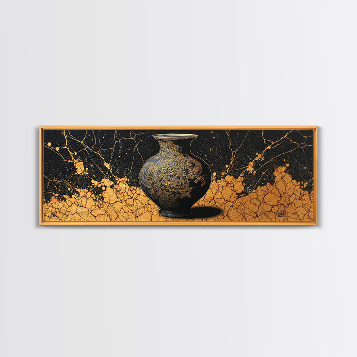 Ancient Golden Vase, Mythical Dragon Engraving Wall Decor, Gold Canvas Print, Real Wood Framed Art