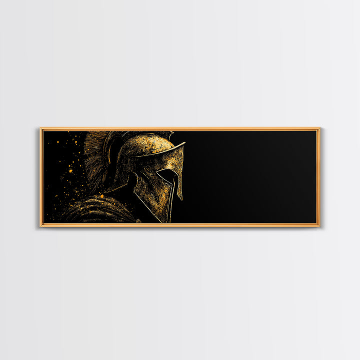 Spartan Helmet Profile, Ancient Greek Mythological Warrior Armor Decorative Artwork, Gold Canvas Print, Real Wood Frame Wall Art