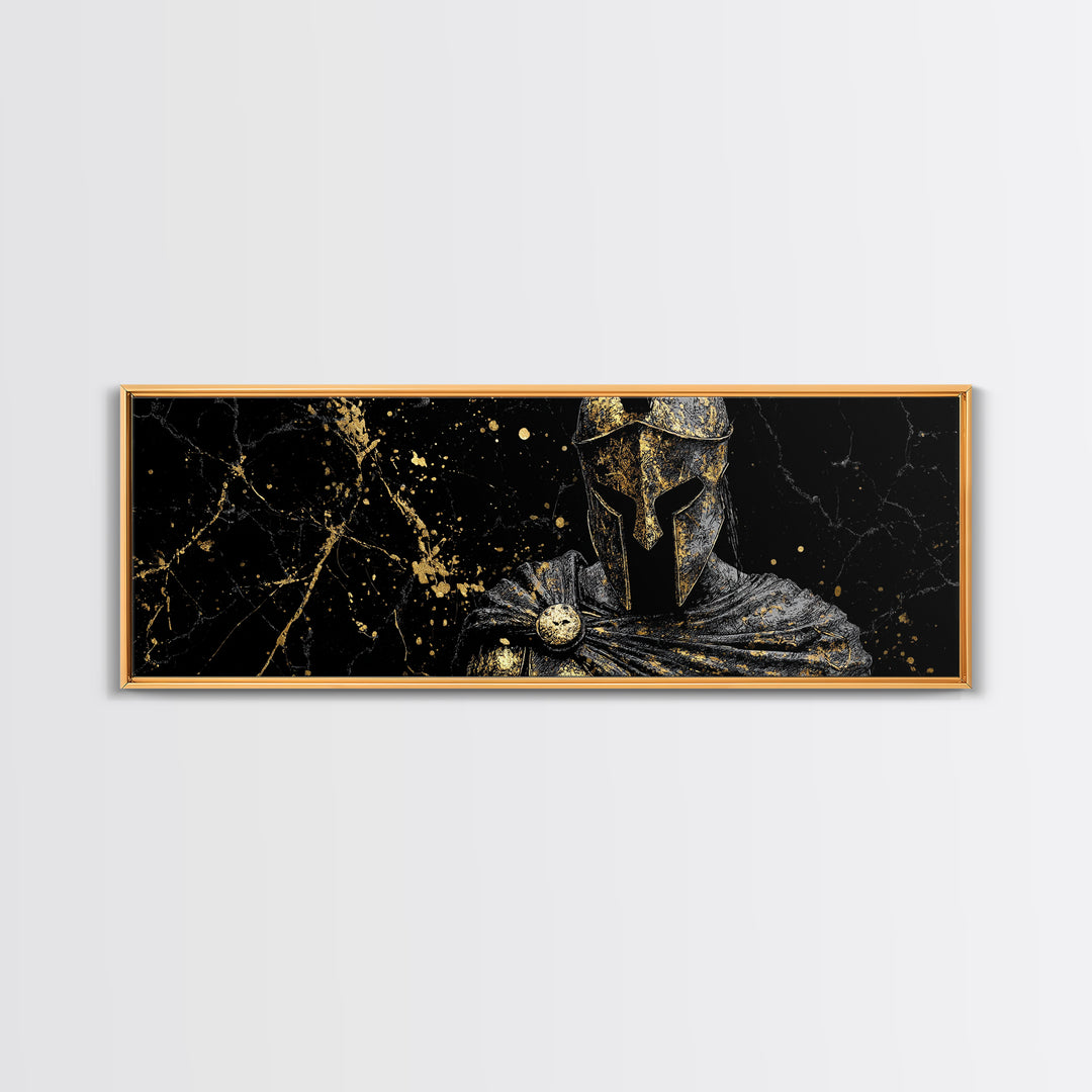 Greek Warrior In Armor, Mythological Spartan Helmet With Cloak Decorative Wall Artwork, Gold Canvas Print, Real Wood Frame