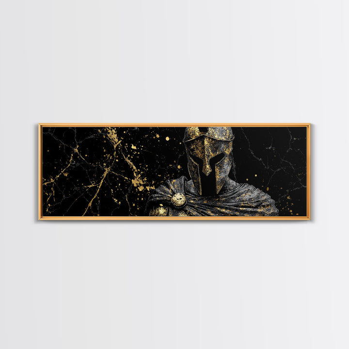 Greek Warrior In Armor, Mythological Spartan Helmet With Cloak Decorative Wall Artwork, Gold Canvas Print, Real Wood Frame