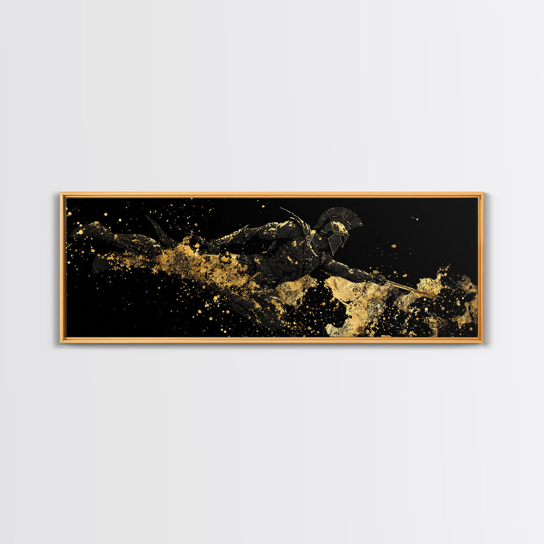 Spartan Warrior Leaping, Ancient Greek Heroic Battle Scene Decorative Wall Artwork, Gold Canvas Print, Real Wood Frame Decor