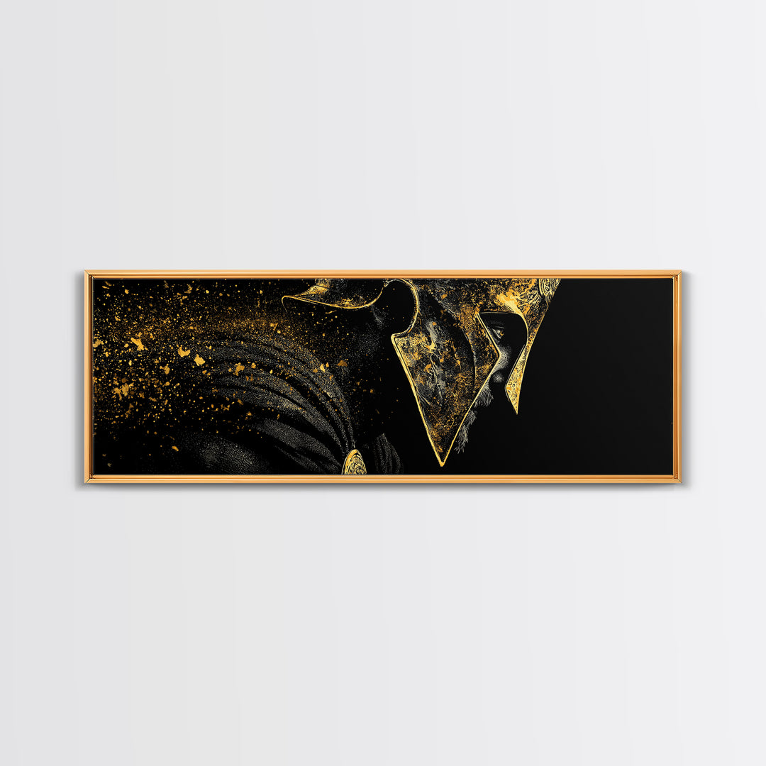 Spartan Helmet Side View, Mythological Greek Warrior Armor Decorative Wall Artwork, Gold Canvas Print, Real Wood Frame Art