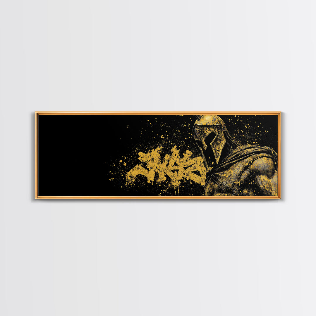 Greek Warrior Portrait, Ancient Spartan Helmet With Symbolic Cloak Artwork, Gold Canvas Print, Real Wood Frame Wall Decor
