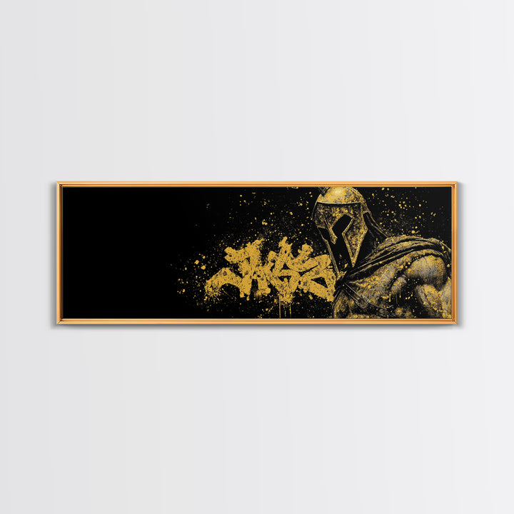 Greek Warrior Portrait, Ancient Spartan Helmet With Symbolic Cloak Artwork, Gold Canvas Print, Real Wood Frame Wall Decor