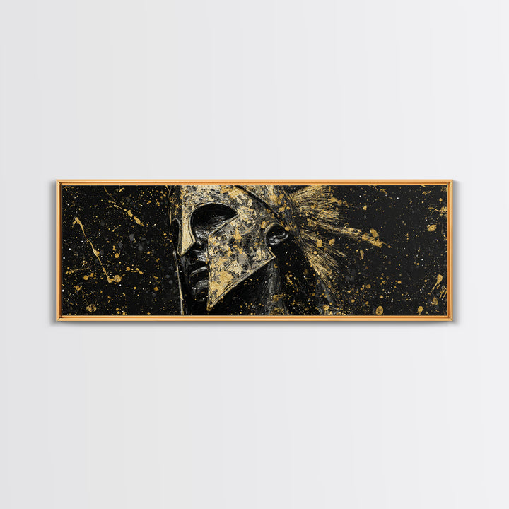 Spartan Helmet And Graffiti, Mythological Greek Warrior Decorative Wall Artwork, Gold Canvas Print, Real Wood Frame Wall Art