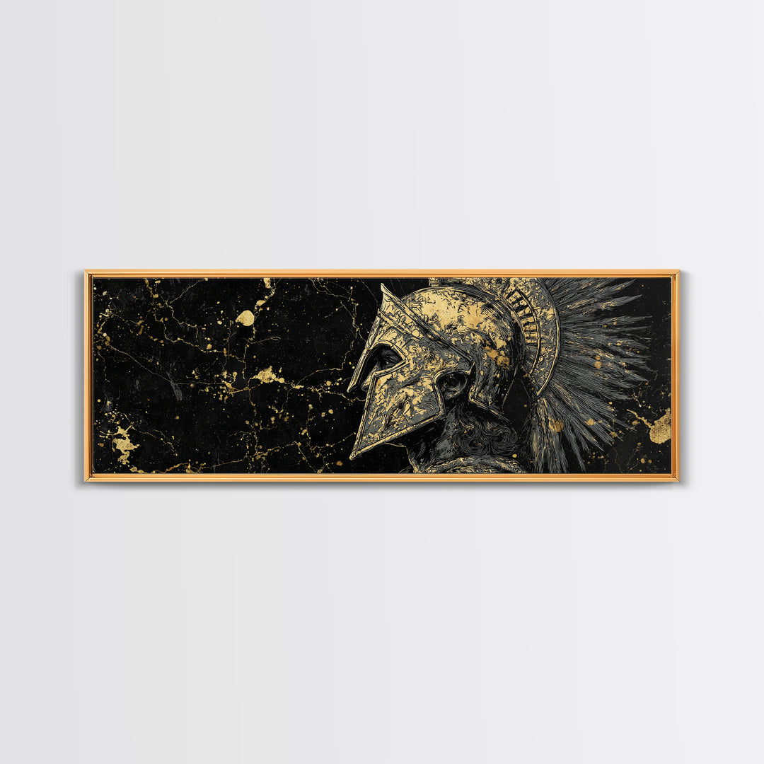 Greek Helmet Portrait, Ancient Spartan Mythological Warrior Decorative Artwork, Gold Canvas Print, Real Wood Frame Wall Decor