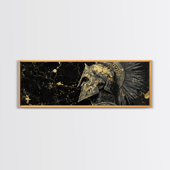Greek Helmet Portrait, Ancient Spartan Mythological Warrior Decorative Artwork, Gold Canvas Print, Real Wood Frame Wall Decor