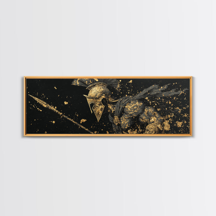 Spartan Helmet Detailed Profile, Ancient Greek Warrior Decorative Wall Artwork, Gold Canvas Print, Real Wood Frame Wall Decor