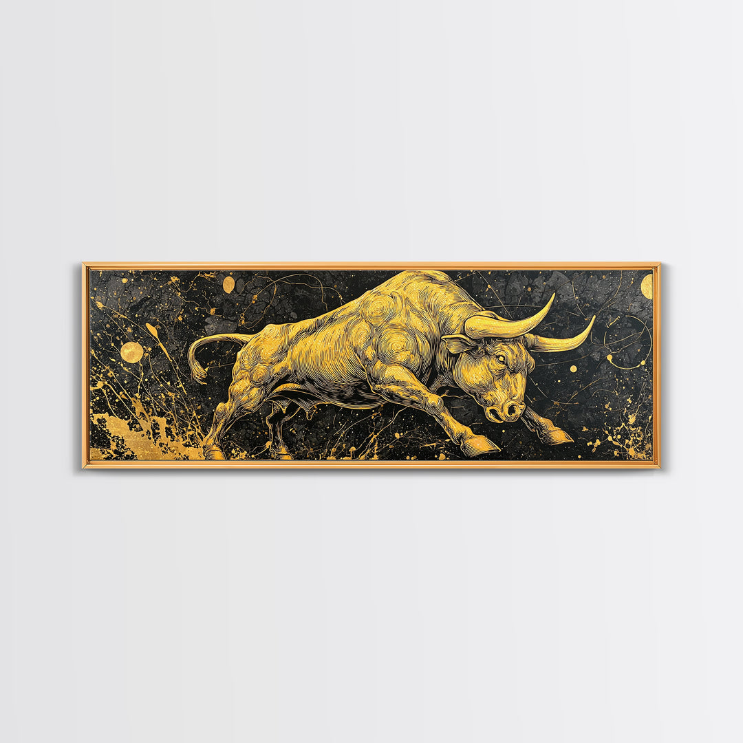 Charging Bull Artwork, Mythical Strength And Power Wall Decor, Gold Canvas Print, Real Wood Frame Art