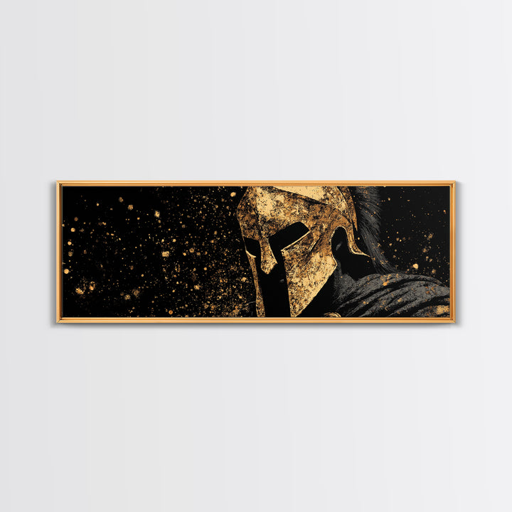 Spartan Warrior In Battle, Ancient Greek Hero Decorative Wall Artwork, Gold Canvas Print, Real Wood Frame Wall Decor