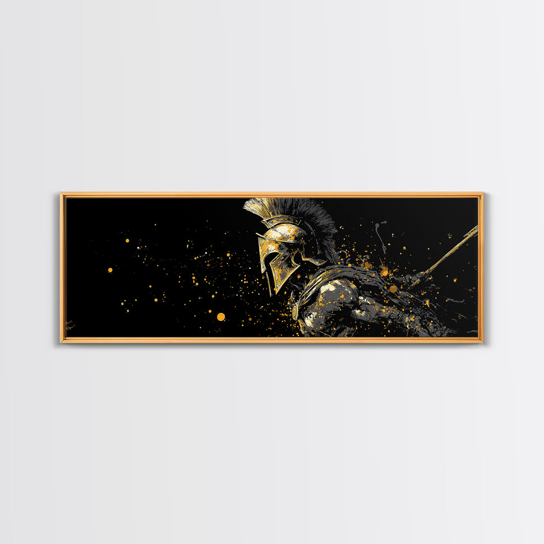 Greek Warrior In Battle Stance, Mythological Spartan Hero Decorative Artwork, Gold Canvas Print, Real Wood Frame Wall Art