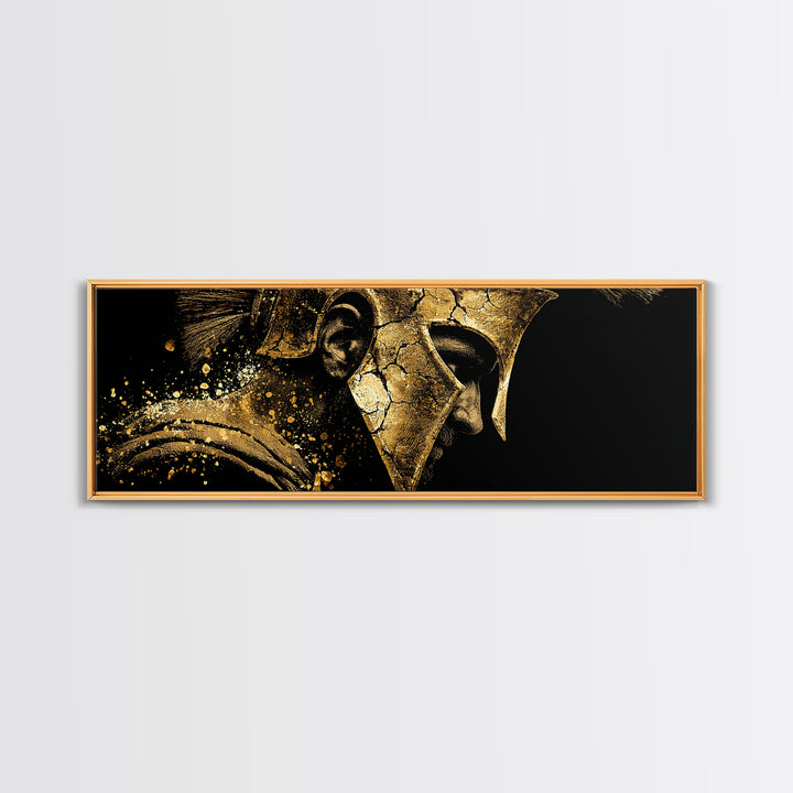 Spartan Helmet Side Profile, Ancient Greek Warrior Armor Decorative Artwork, Gold Canvas Print, Real Wood Frame Wall Decor