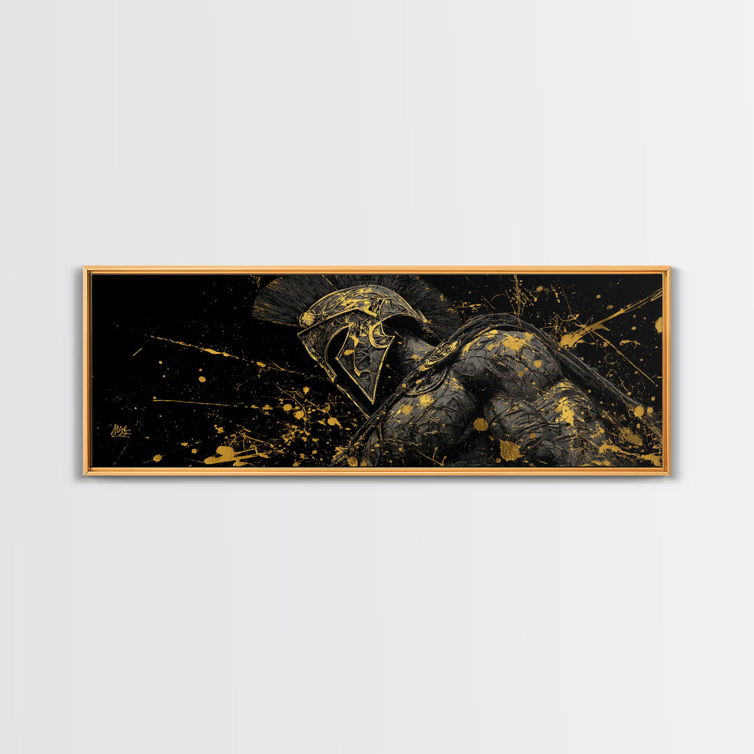 Detailed Spartan Helmet, Ancient Greek Mythological Warrior Decorative Artwork, Gold Canvas Print, Real Wood Frame Wall Art
