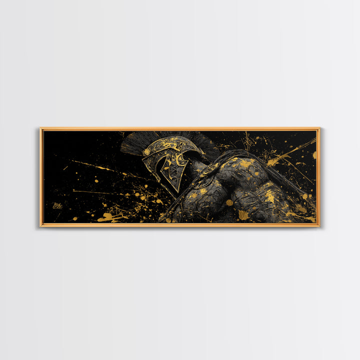 Detailed Spartan Helmet, Ancient Greek Mythological Warrior Decorative Artwork, Gold Canvas Print, Real Wood Frame Wall Art