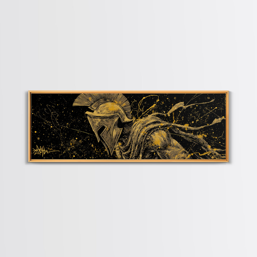 Greek Warrior Battle Pose, Ancient Spartan Hero Decorative Wall Artwork, Gold Canvas Print, Real Wood Frame Wall Decor