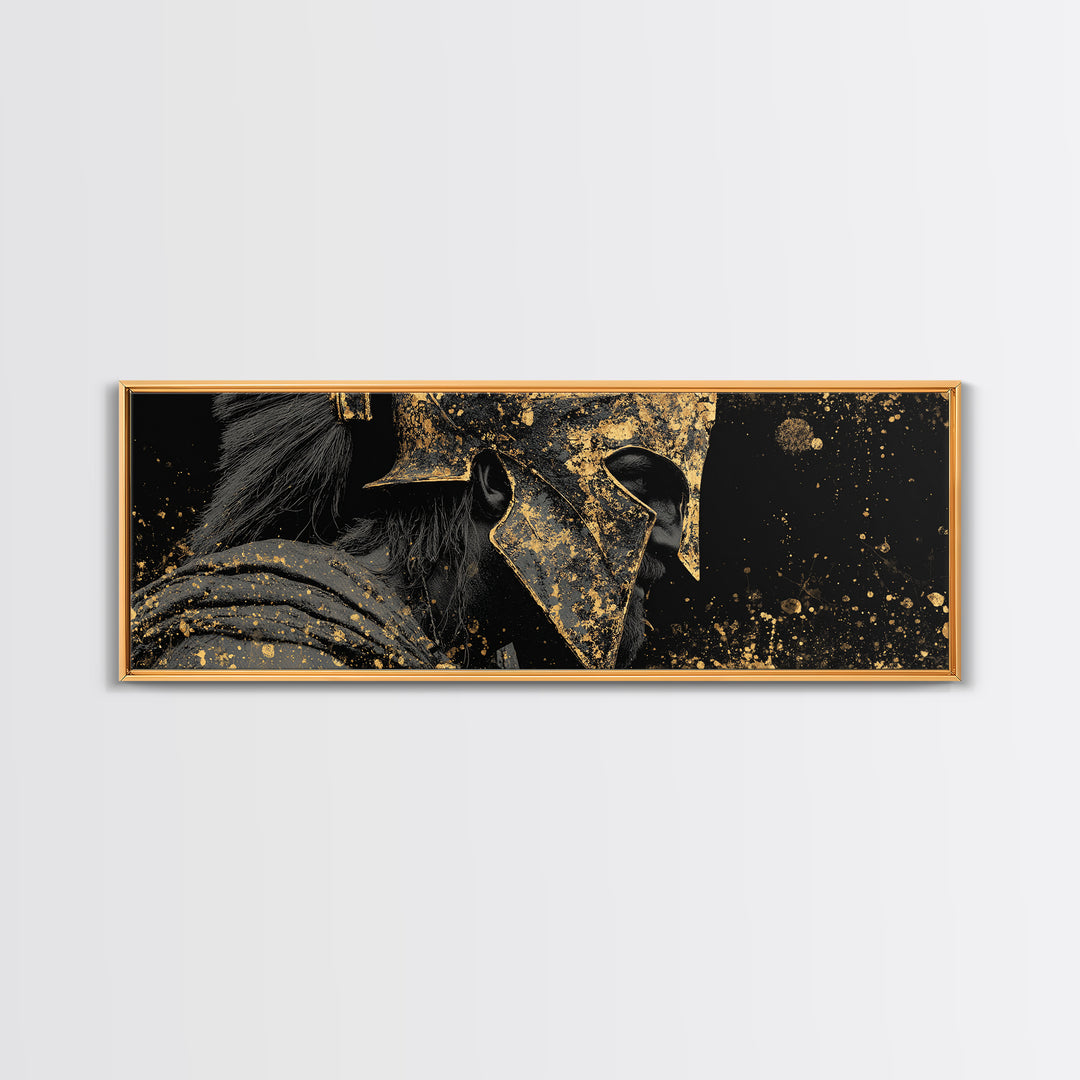 Spartan Helmet Warrior, Ancient Greek Mythological Armor Symbol Artwork, Gold Canvas Print, Real Wood Frame Wall Decor