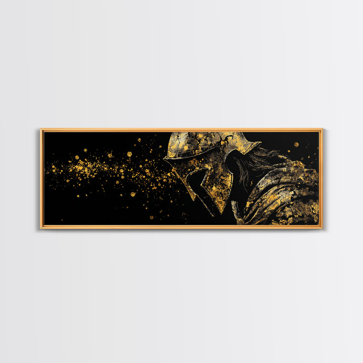 Greek Warrior With Cloak, Ancient Spartan Helmet Decorative Wall Artwork, Gold Canvas Print, Real Wood Frame Wall Decor