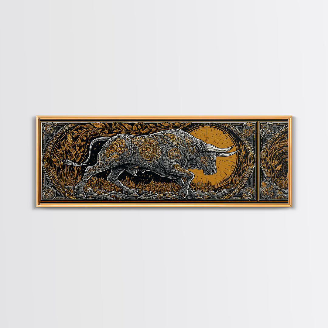 Ornamental Bull Design, Mythical Strength Symbol Wall Decor, Gold Canvas Print, Real Wood Framed Art