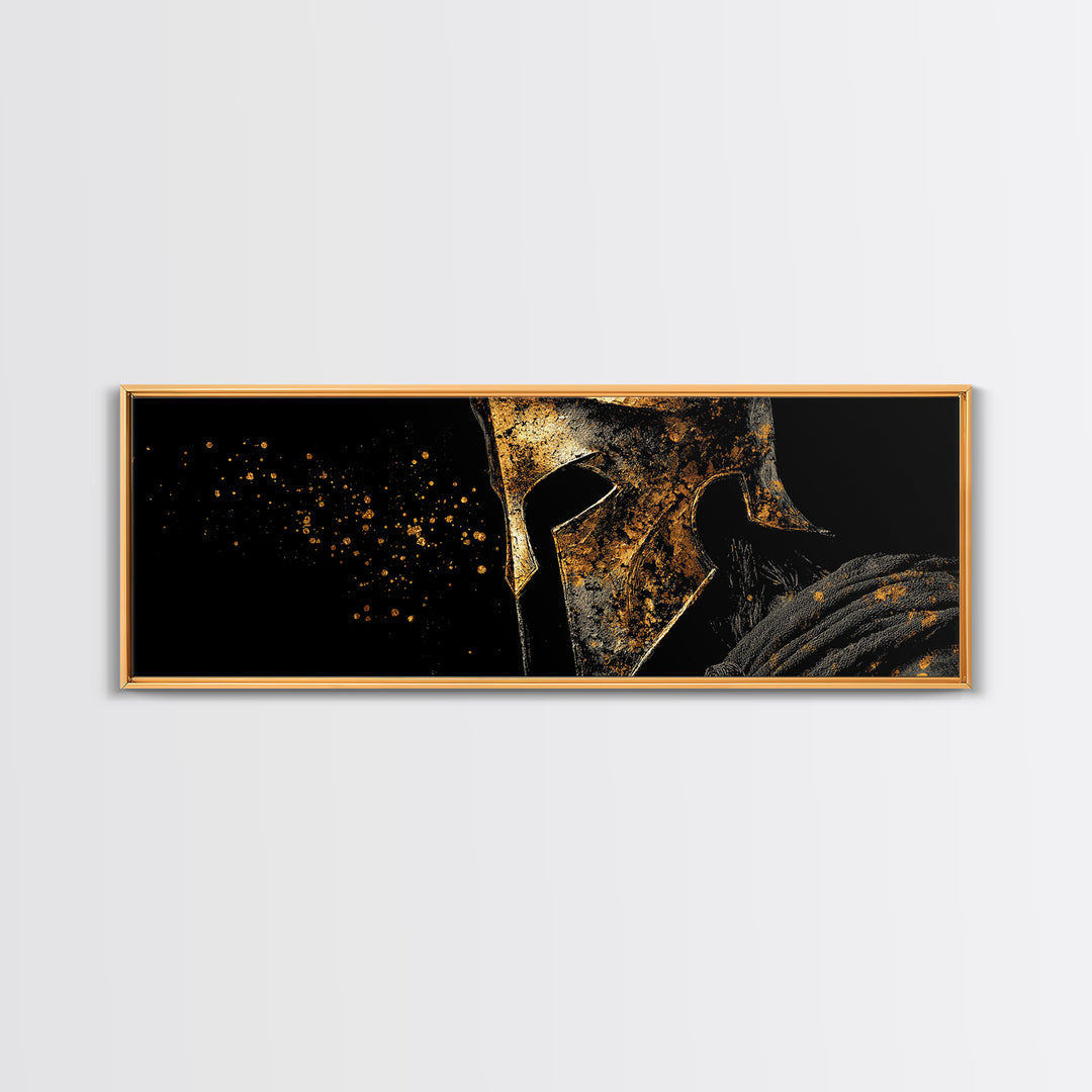 Greek Warrior In Armor, Ancient Spartan Decorative Wall Artwork, Gold Canvas Print, Real Wood Frame, Mythological Wall Decor
