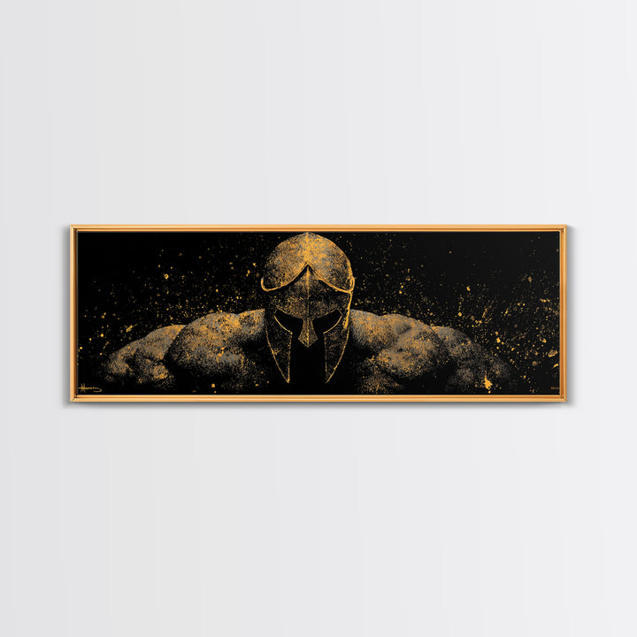 Spartan Warrior Front View, Ancient Greek Helmet Strength Symbol Decorative Artwork, Gold Canvas Print, Real Wood Frame Art