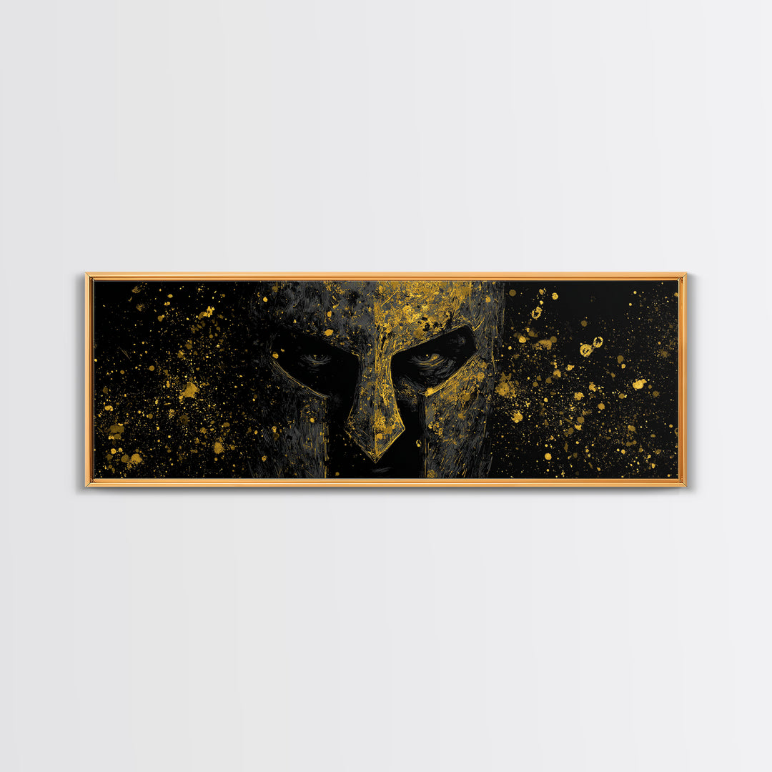 Spartan Helmet Close Up, Ancient Greek Warrior Decorative Artwork, Gold Canvas Print, Real Wood Frame Mythology Wall Decor
