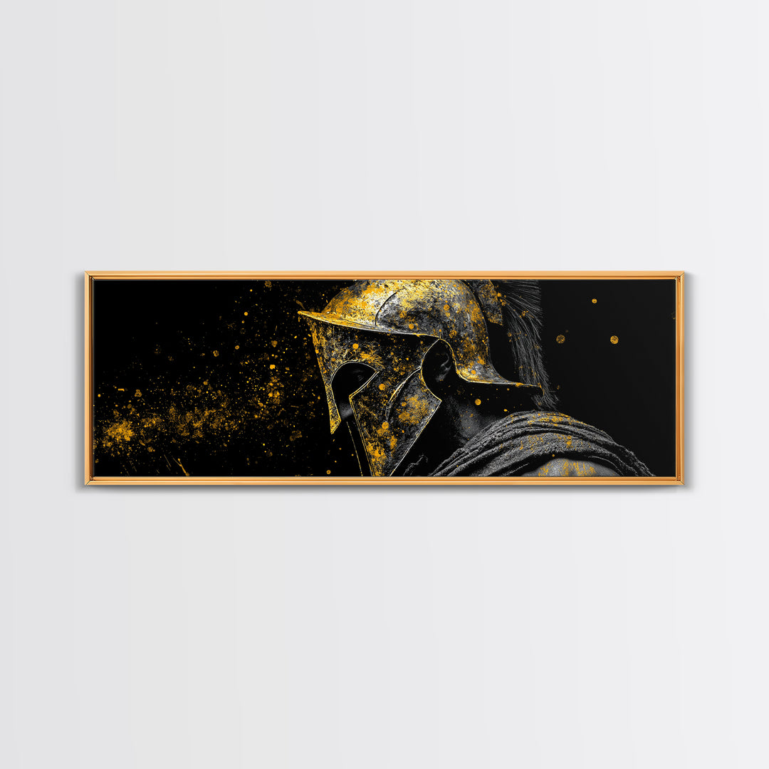Greek Warrior Face Close Up, Spartan Helmet Intense Gaze Decorative Artwork, Gold Canvas Print, Real Wood Frame Wall Art
