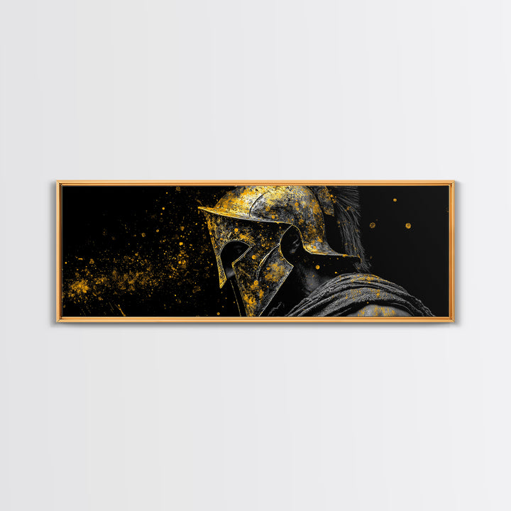 Greek Warrior Face Close Up, Spartan Helmet Intense Gaze Decorative Artwork, Gold Canvas Print, Real Wood Frame Wall Art