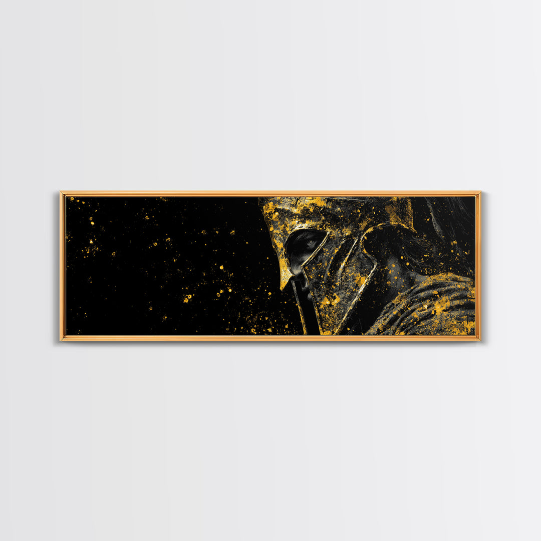 Spartan Helmet Warrior Portrait, Ancient Greek Armor Decorative Artwork, Gold Canvas Print, Real Wood Frame Wall Decor