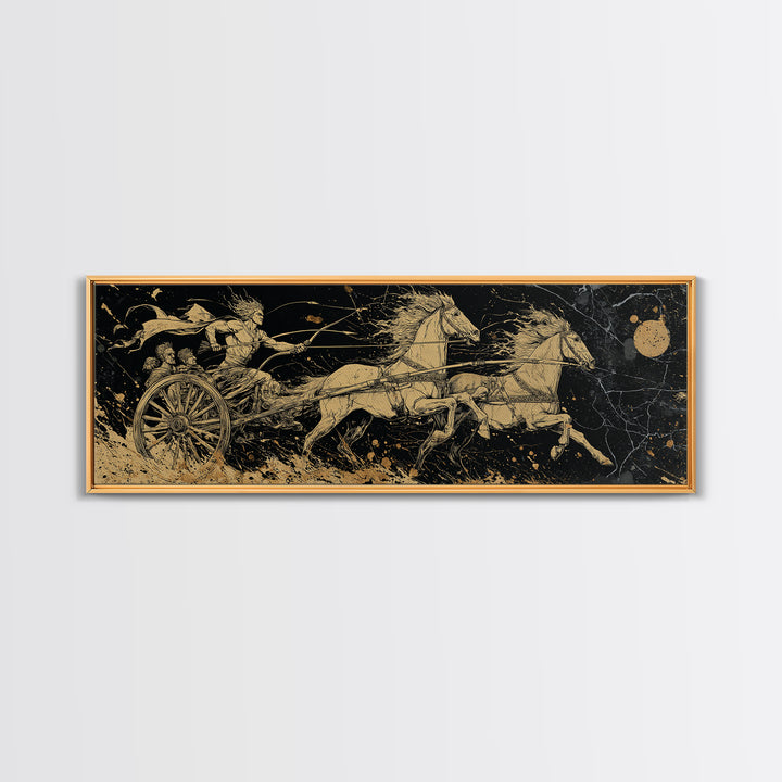 Ancient Chariot Rider, Mythical Warrior Battle Scene Wall Decor, Gold Canvas Print, Real Wood Frame Art