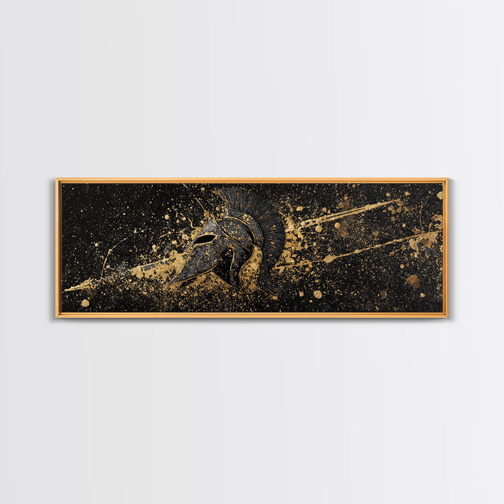 Spartan Helmet Splatter Artwork, Ancient Greek Warrior Mythological Symbol Decorative Art, Gold Canvas Print, Real Wood Frame