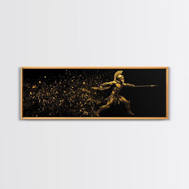 Greek Warrior With Spear, Ancient Spartan Heroic Battle Scene Decorative Artwork, Gold Canvas Print, Real Wood Frame Wall Art